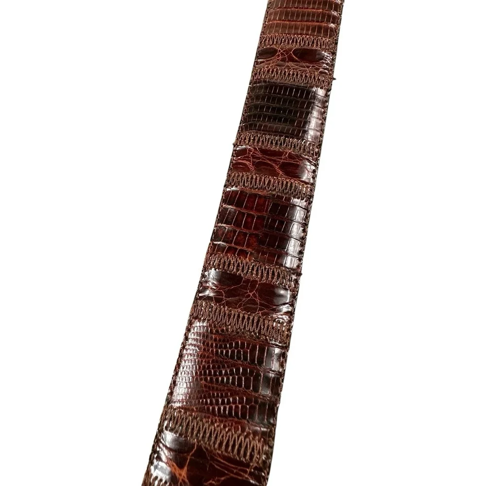 Saks Fifth Ave Teju Lizard Crocodile Patchwork Brown Belt Size 32 NWOT